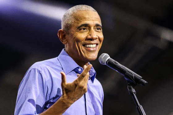 Barack Obama speaking at a campaign rally for Kamala Harris in Pittsburgh